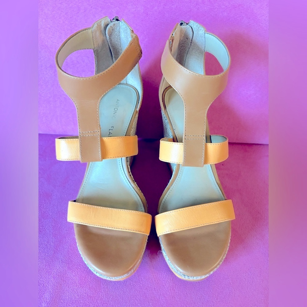 Antonio Melani Tan Leather Wedge T Strap Wedge Sandal Size 7 - Picture 2 of 14